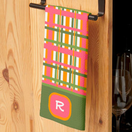 Rosa Grönt Pput Chic Monogram Initial Kökshandduk
