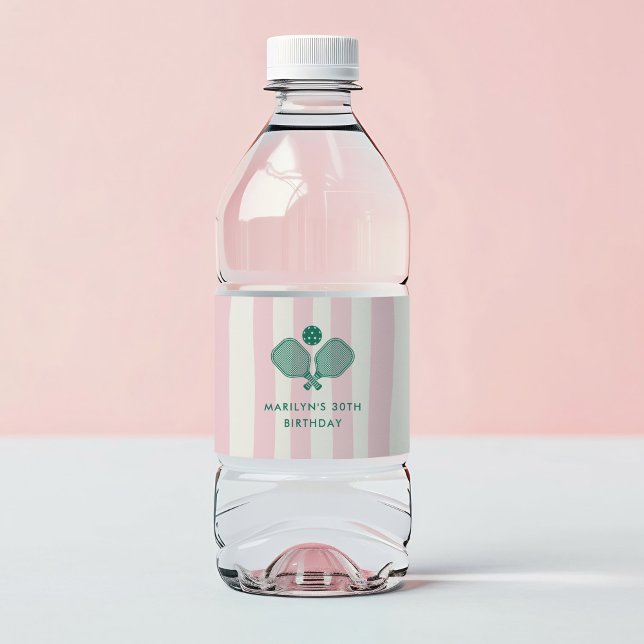 Rosa Grönt Preppy Pickleball Födelsedagsfest Vattenflaskor Etikett (Pink preppy pickleball birthday party water bottle labels)