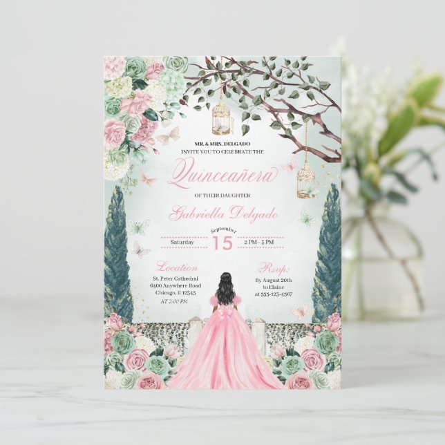 Rosa Grönt Princess Enchanted Garden Quinceanera Inbjudningar (Stående Fram)