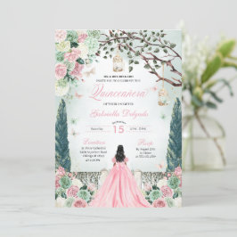 Rosa Grönt Princess Enchanted Garden Quinceanera Inbjudningar