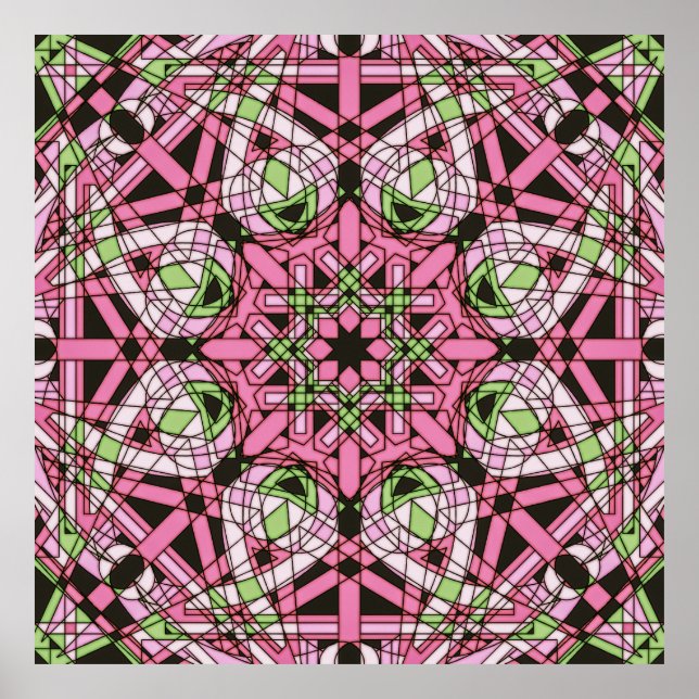Rosa & Grönt Psychedelic Kaleidoscope Mandala Poster (Framsidan)