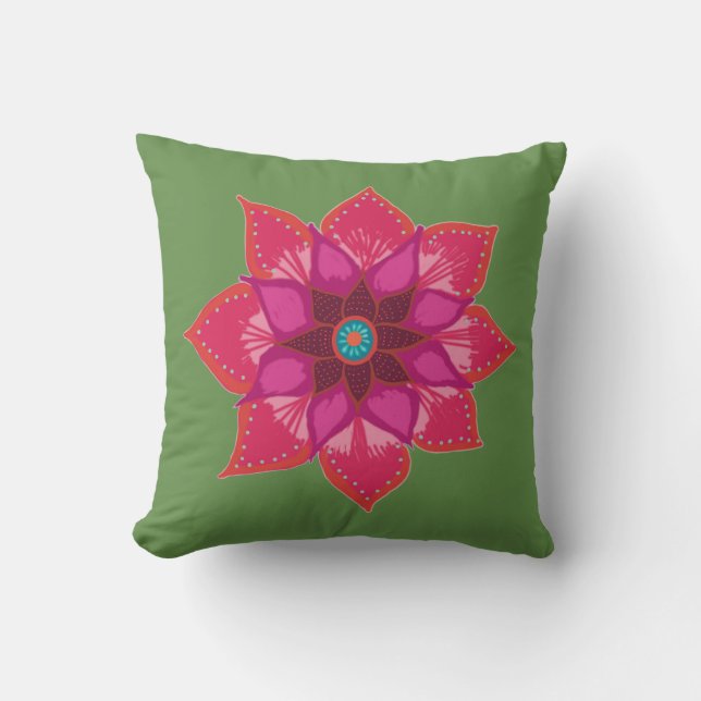 Rosa Grönt Red Mandala Blad Throw Cushion Kudde (Framsida)
