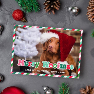 Rosa Grönt Red Retro Merry Woofmas Hund jul Julkort