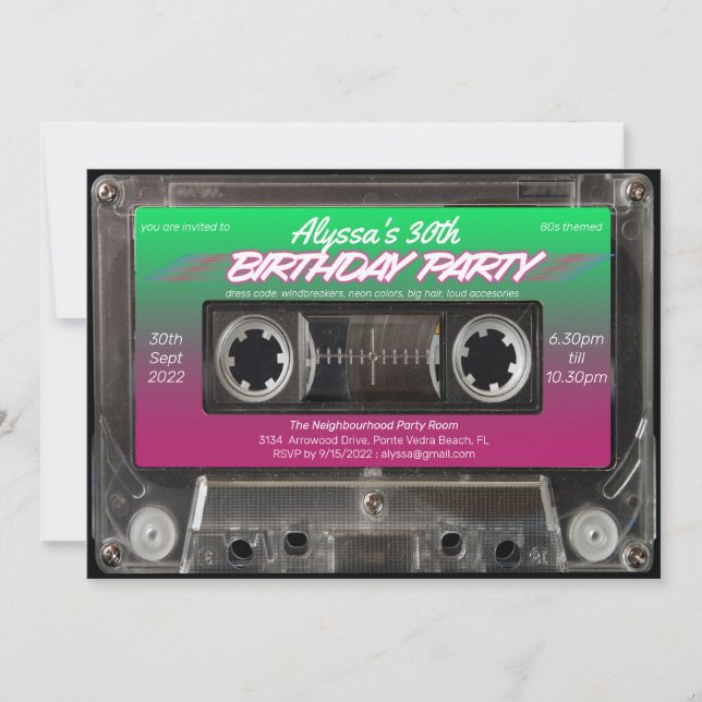 Rosa Grönt Retro 80s Neon Cassette Födelsedagsfest Inbjudningar (Framsida)