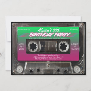 Rosa Grönt Retro 80s Neon Cassette Födelsedagsfest Inbjudningar