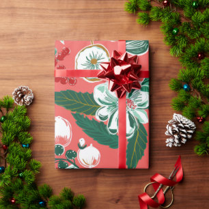 Rosa Grönt Retro Blommigt jul Presentpapper