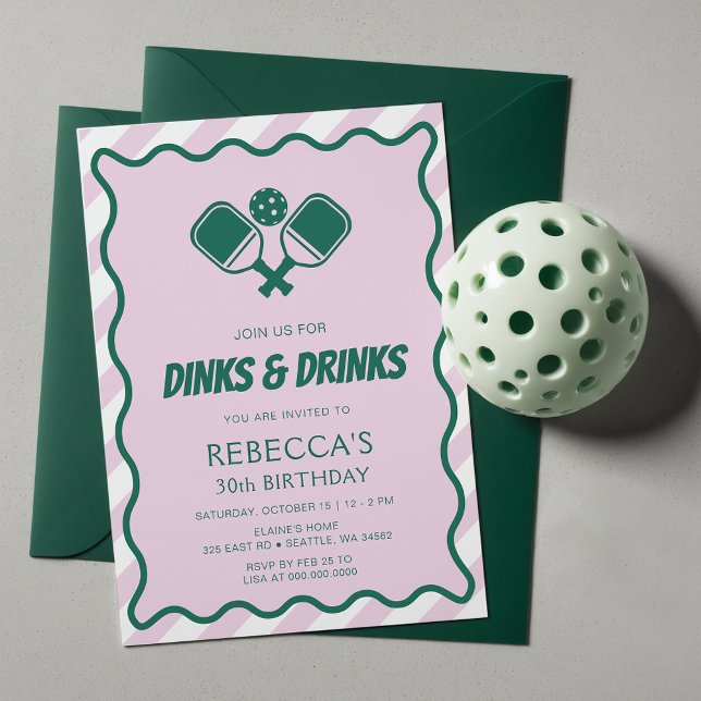 Rosa Grönt Retro Pickleball 30års födelsedag Inbjudningar (Pink Green Retro Pickleball 30th Birthday Invitation)