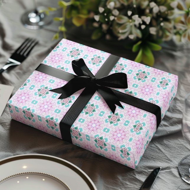 ROSA GRÖNT RO GIRLY PRESENTPAPPER (Abstract pink floral wrapping paper)