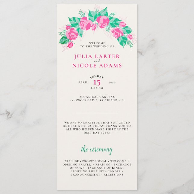 Rosa Grönt Ro Petals Flowers Garden WedWedding Program (Framsida)