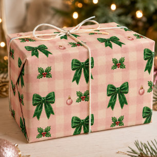 Rosa grönt rutigt julbågemönster med feminina deta presentpapper