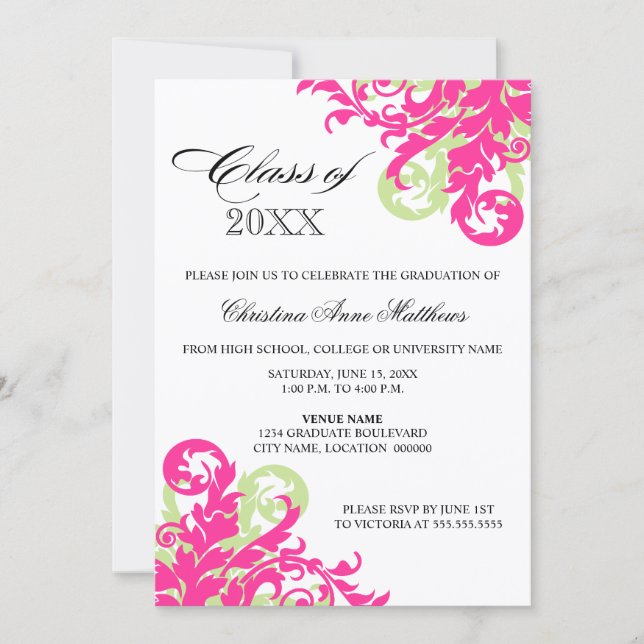 Rosa Grönt Swirl Studenten Meddelande Inbjudningar (Framsida)