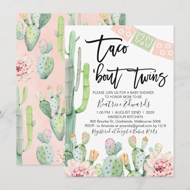 Rosa Grönt Taco Bout Twillingars Baby Shower-inbju Inbjudningar (Fram/baksida)