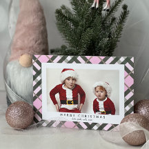Rosa Grönt Tartan Play-fotokort för jul
