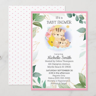 Rosa Grönt Tiger Blommigt Mamma Baby Shower Inbjudningar