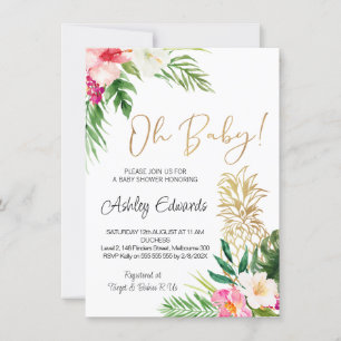 Rosa Grönt Tropical Blommigt Oh Baby Shower Inbjudningar