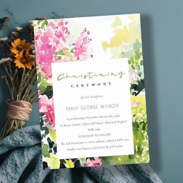 Rosa Grönt Tropical Bougainvillea Christening Inbjudningar (Skapare uppladdad)