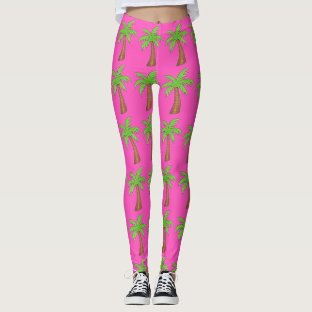 Rosa Grönt Tropical Island Handflatan Träd Träd Le Leggings (Framsida)