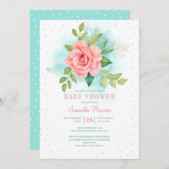 Rosa Grönt Turcos Ombre Blommigt Watercolor Ro Inbjudningar (Fram/baksida)