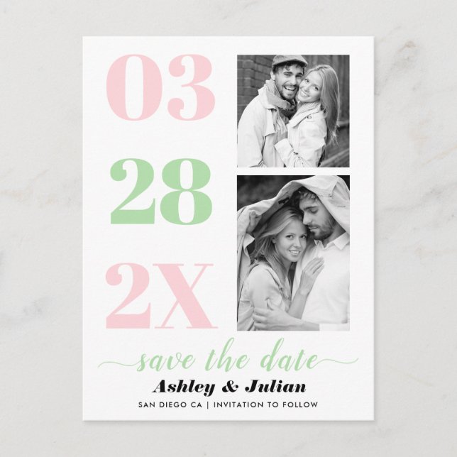  rosa, grönt två foto Spara datum Vykort (Framsida)