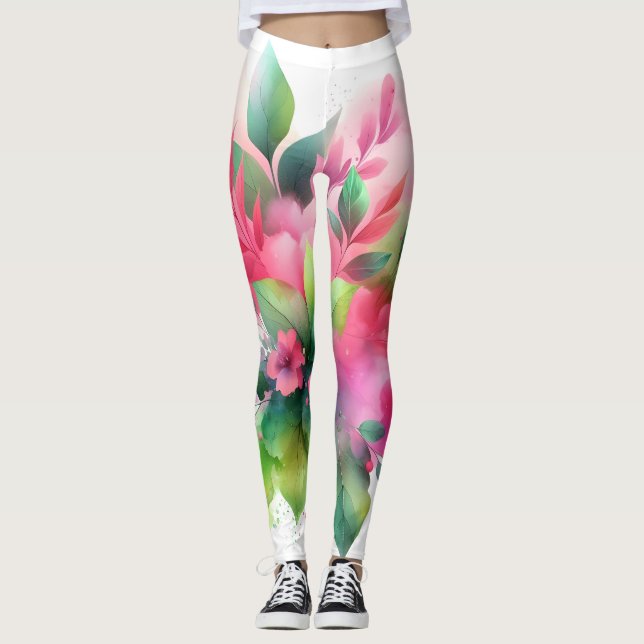 Rosa Grönt Vattenfärg Botaniskt Blommande Leggings (Framsida)