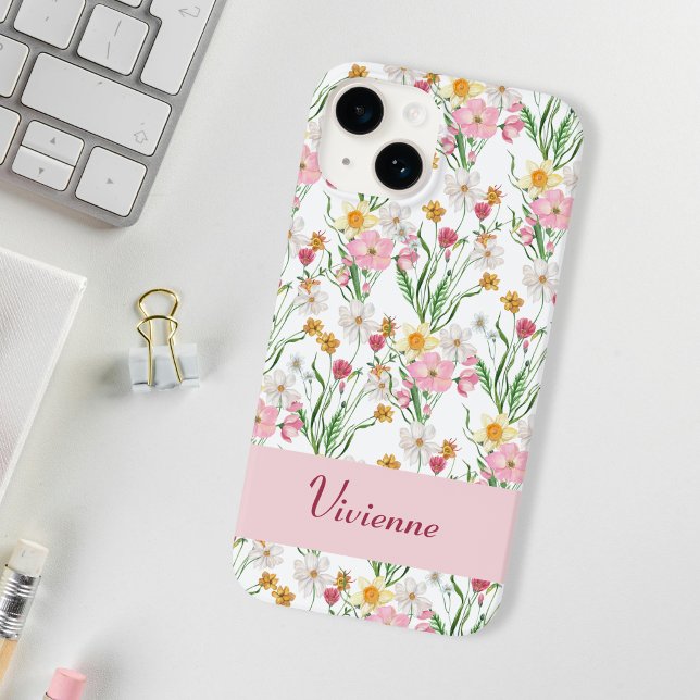 Rosa Grönt Vattenfärg Vildblomma Namn (Pink Wildflower Monogram Phone Case)