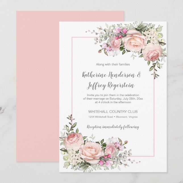  Rosa Grönt Vattenfärgen Blommigt Bröllop Inbjudningar (Fram/baksida)