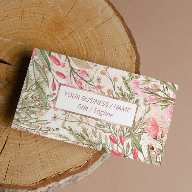  rosa grönt  vattenfärgsfärg blommigt men visitkort (Blush pink coral forest green watercolor floral bu business card)