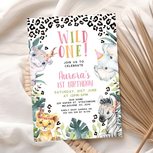 Rosa Grönt Vild i stammen 1:a födelsedag Inbjudningar (Tribal Wild One 1st Birthday Invitation For Baby Girl, Wild One First Birthday Invitation, Cheetah)