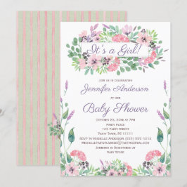 Rosa Grönt Watercolor Blommigt Girl Baby Shower Inbjudningar