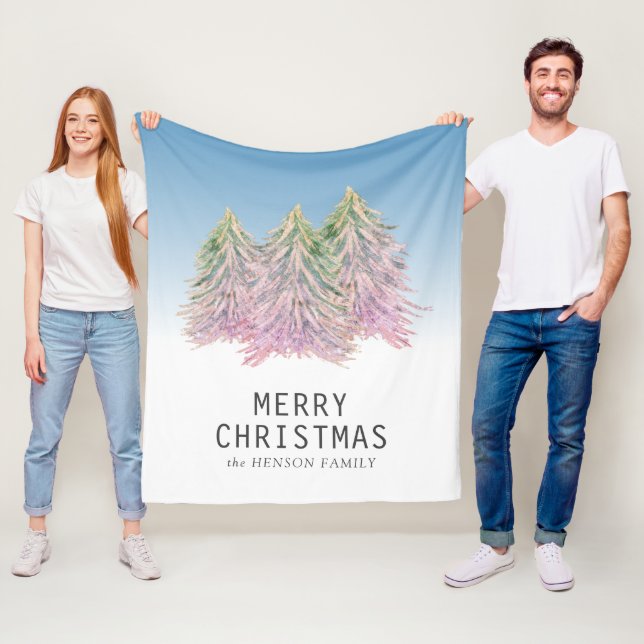 Rosa Grönt Watercolor Julgran Artistic Fleecefilt (På plats)