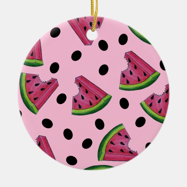 Rosa Grönt Watermelon Melon Slice Wedge Fruktig Julgransprydnad Keramik (Framsidan)