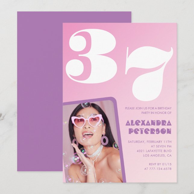 Rosa Groovy 37-års födelsedagsinbjudningar Retro F Inbjudningar (Fram/baksida)