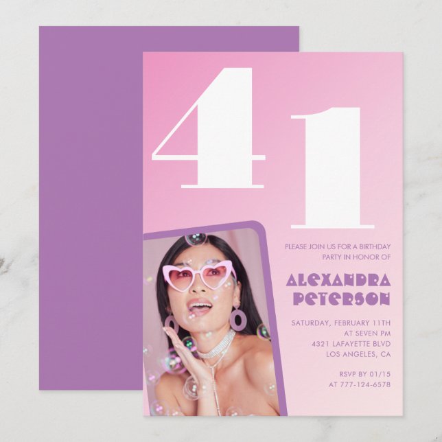 Rosa Groovy 41-års födelsedagsinbjudningar Retro F Inbjudningar (Fram/baksida)