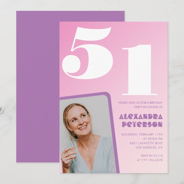 Rosa Groovy 51:a födelsedagsinbjudan Retro Photo Inbjudningar (Fram/baksida)