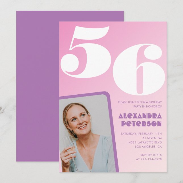 Rosa Groovy 56-års födelsedagsinbjudan Retro Foto Inbjudningar (Fram/baksida)