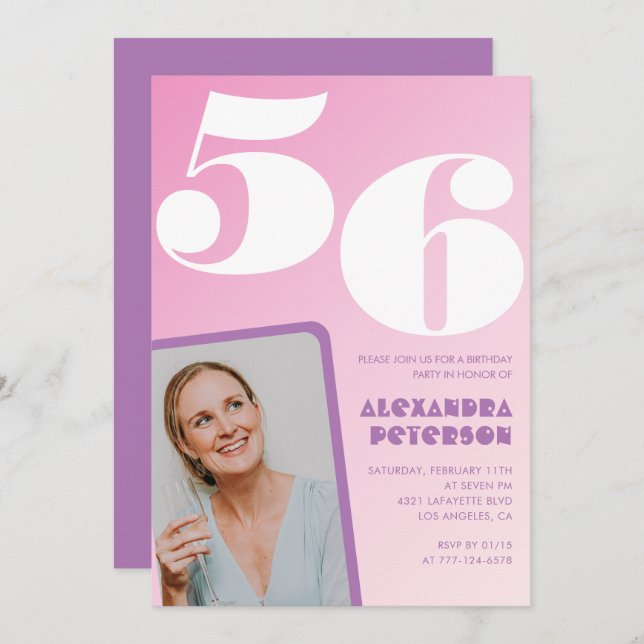 Rosa Groovy 56-årsinbjudningar Retro Photo Inbjudningar (Fram/baksida)