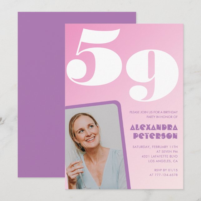 Rosa Groovy 59-års födelsedagsinbjudningar Retro F Inbjudningar (Fram/baksida)