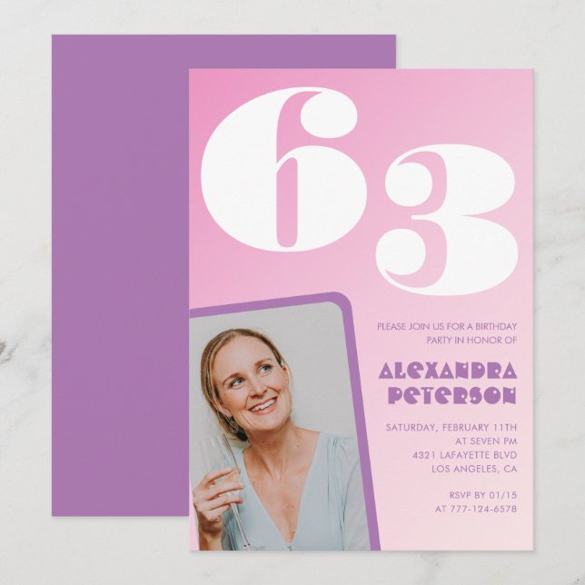 Rosa Groovy 63-års födelsedagsinbjudningar Retro F Inbjudningar (Fram/baksida)