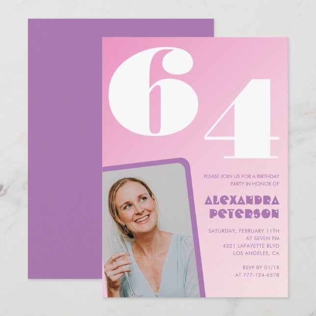 Rosa Groovy 64-års födelsedagsinbjudningar Retro F Inbjudningar (Fram/baksida)