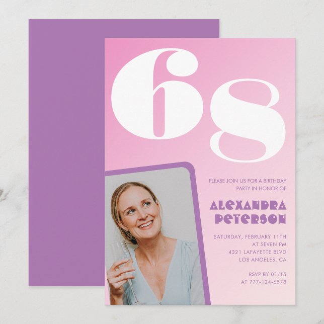 Rosa Groovy 68-årsinbjudningar Retro Photo Inbjudningar (Fram/baksida)