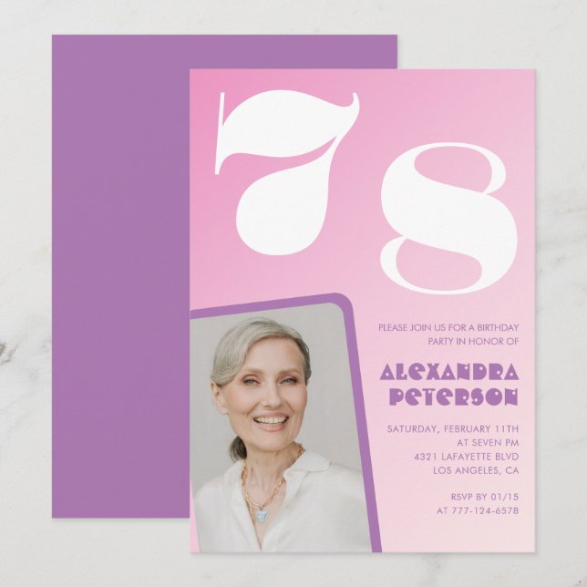 Rosa Groovy 78:e födelsedagsinbjudan Retro Photo Inbjudningar (Fram/baksida)