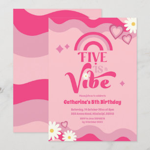 Rosa Groovy Fem är Vibe Birthday-inbjudan Inbjudningar