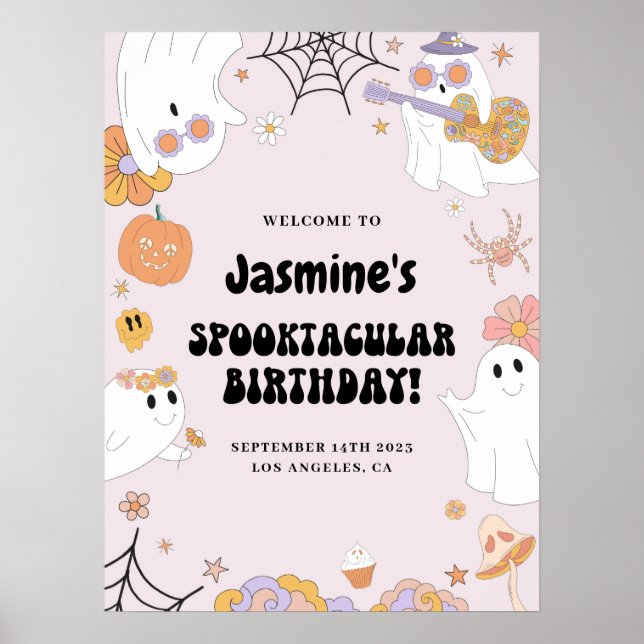 Rosa Groovy Ghost Birthday Välkomstskylt Poster (Framsidan)
