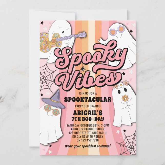 Rosa Groovy Halloween Spooky Vibes Girl Birthday Inbjudningar (Framsida)