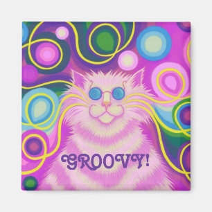 Rosa "Groovy"-kylmagnetkvadrat med psy-cat-delic Magnet
