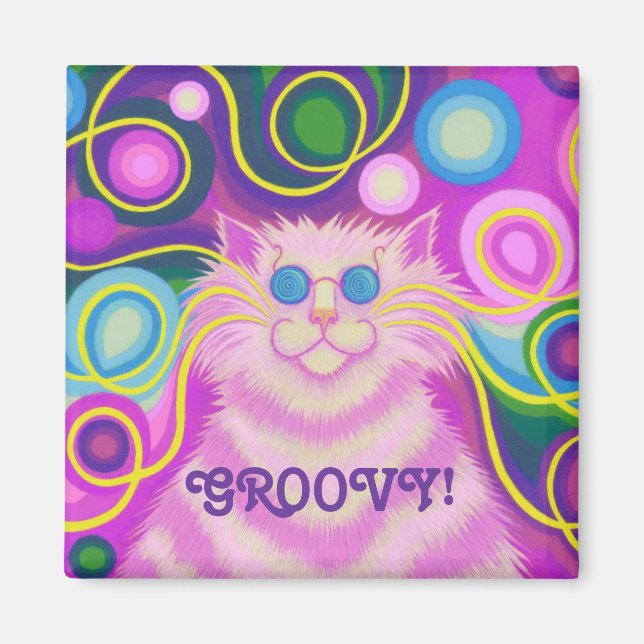 Rosa "Groovy"-kylmagnetkvadrat med psy-cat-delic Magnet (Framsidan)