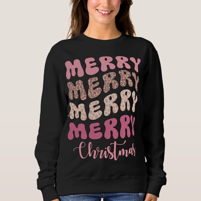 Rosa Groovy Leopard Merry Merry God jul T Shirt (Framsida)