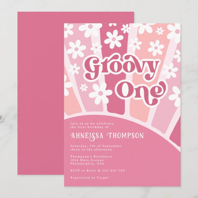 Rosa Groovy One Retro Flowers Girls Birthday Inbjudningar (Fram/baksida)