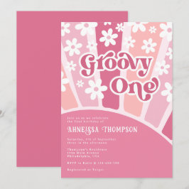 Rosa Groovy One Retro Flowers Girls Birthday Inbjudningar