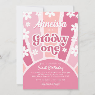 Rosa Groovy One Retro Rainbow Daisy Första födelse Inbjudningar